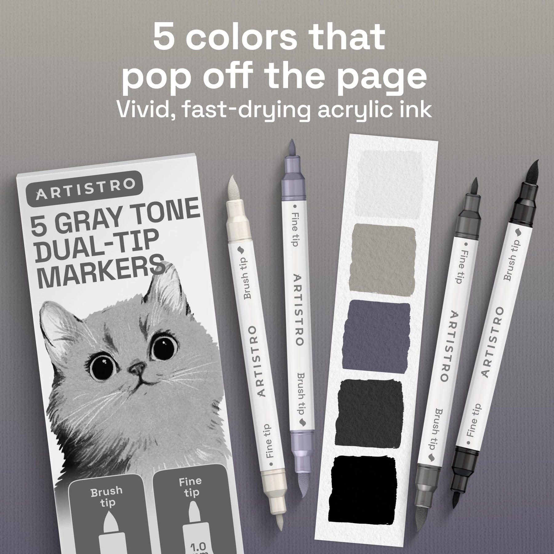 ARTISTRO 5 Gray Tones Dual-Tip Acrylic Paint Marker Pens for Drawing