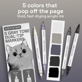 ARTISTRO 5 Gray Tones Dual-Tip Acrylic Paint Marker Pens for Drawing
