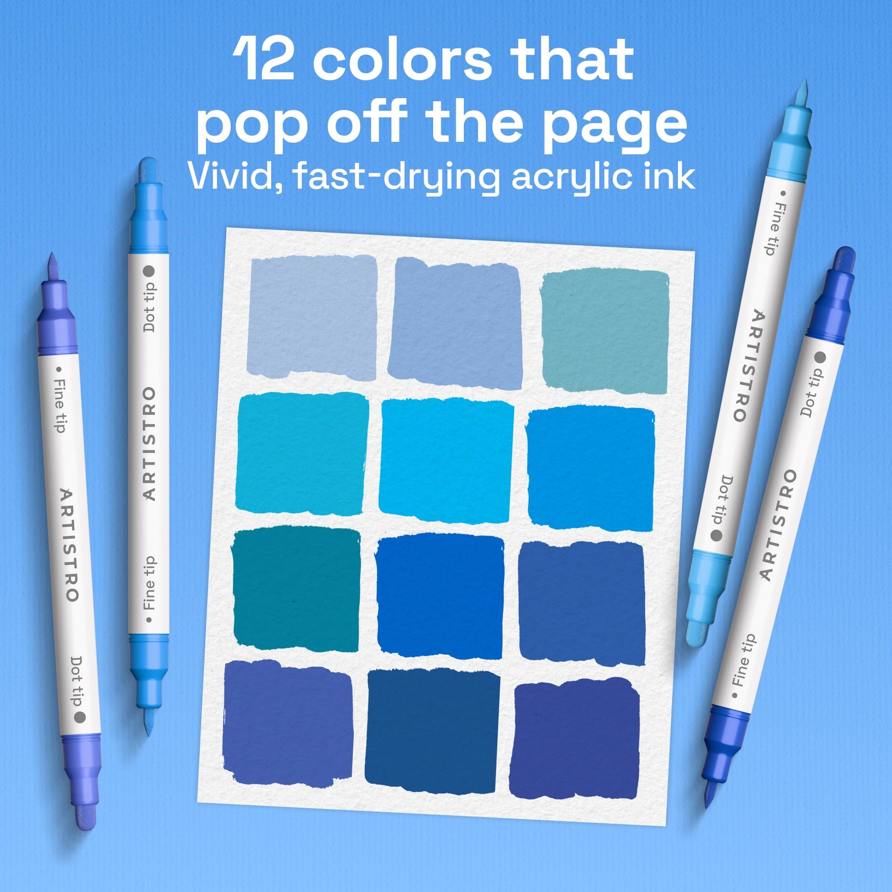 ARTISTRO 12 Blue Tones Dual-Tip Acrylic Paint Marker Pens