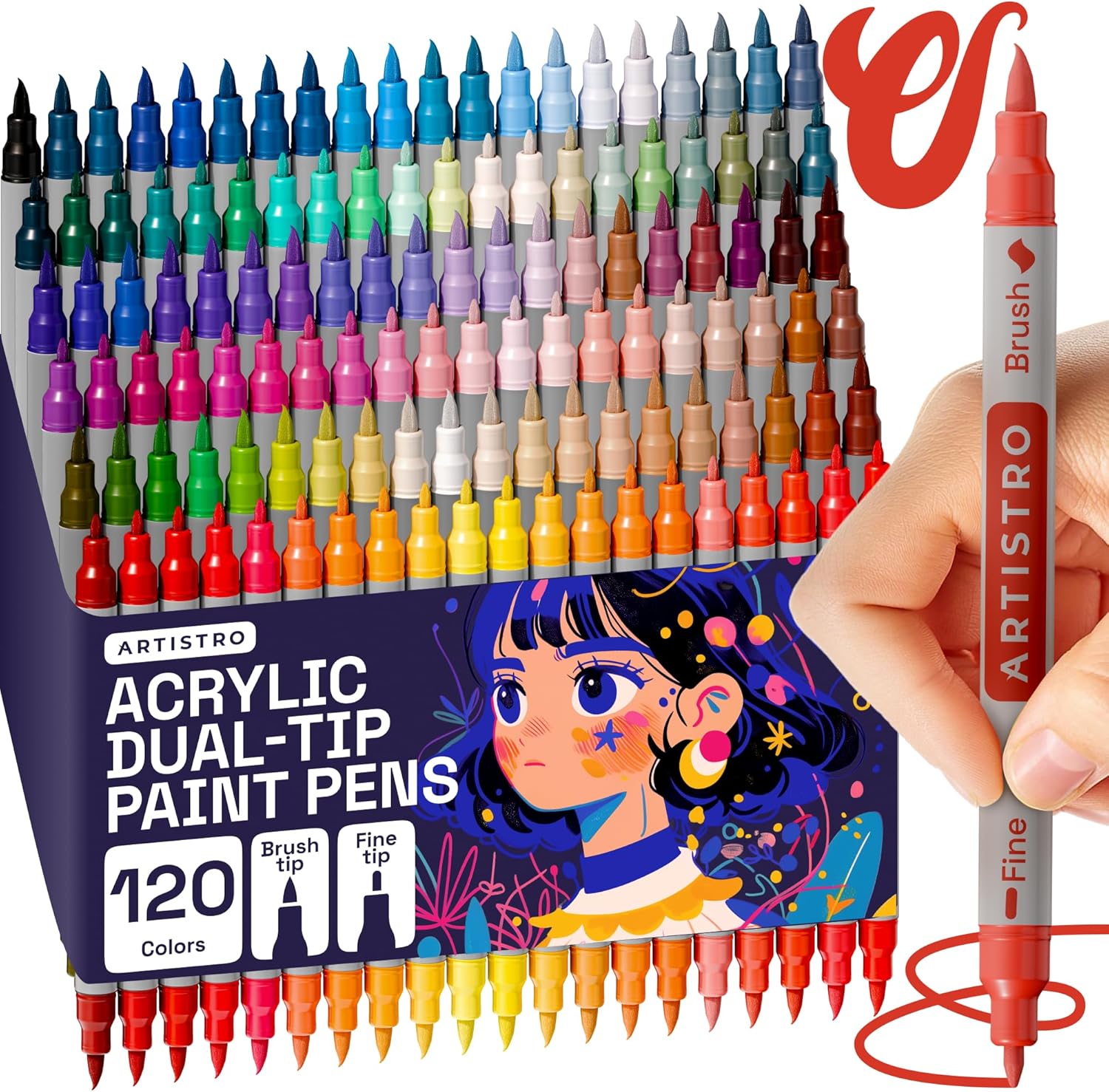 ARTISTRO 120 Acrylic Paint Markers - Paint Pens Dual Tip Brush + Fine Ideal for Calligraphy - Perfect for Fabric, Rock, Glass, Wood, DIY - Art Supplies, Stocking Stuffers, Christmas Gift Idea