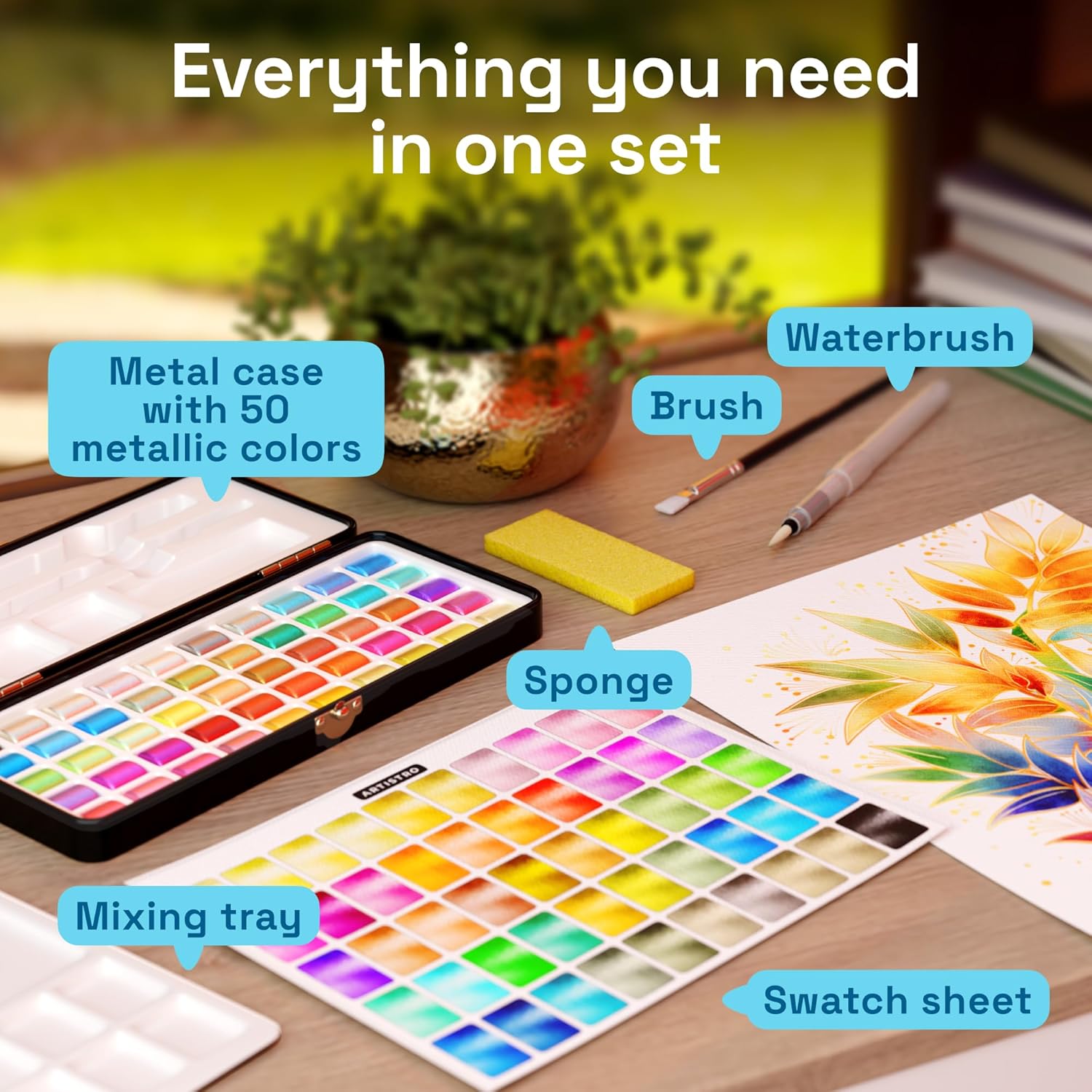 Nicpro Kit de Peinture Aquarelle avec Boîte, 50 Couleurs Comprenant des Métalliques et Fluorescentes, 8 Pinceaux, 25 Papiers et Palettes, Kit Aquarelle pour Adultes, étudiants, Débutants et Artistes Nicpro Kit de Peinture Aquarelle avec Boîte, 50 Couleurs Comprenant des Métalliques et Fluorescentes, 8 Pinceaux, 25 Papiers et Palettes, Kit Aquarelle pour Adultes, étudiants, Débutants et Artistes