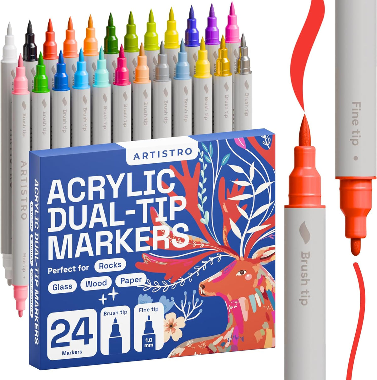 ARTISTRO Dual Tip Acrylic Paint Markers - Easy for All Ages & Levels Acrylic Paint Pens for Fabric, Rocks, Paper, Wood, Canvas, Glass, DIY (Dual Tip Brush + Fine, 24)