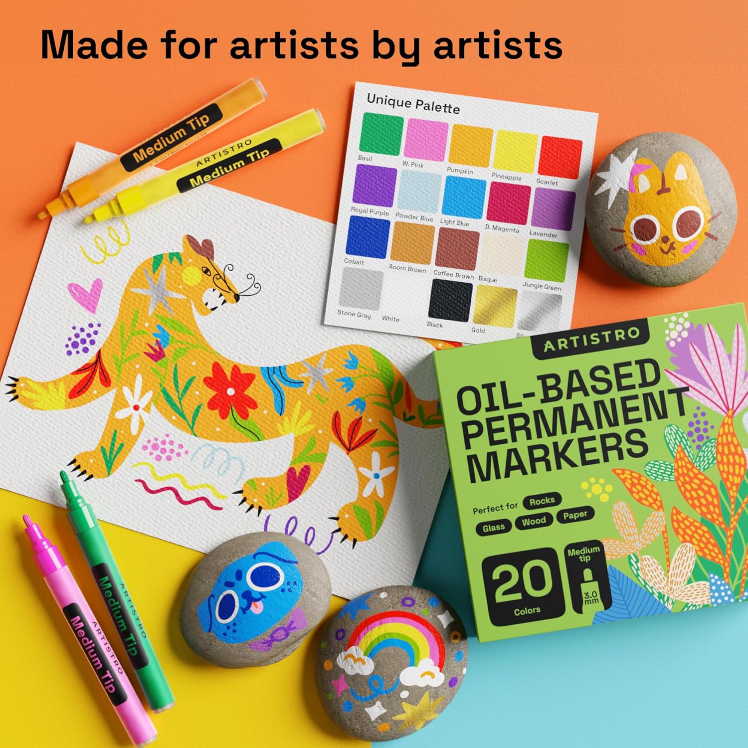 ARTISTRO 20 Oil-Based Permanent Paint Markers - Medium Tip Markers for Tire, Wood, Rock, Fabric, Glass, Ceramic, Metal, Plastic, and More - Quick Dry, Waterproof