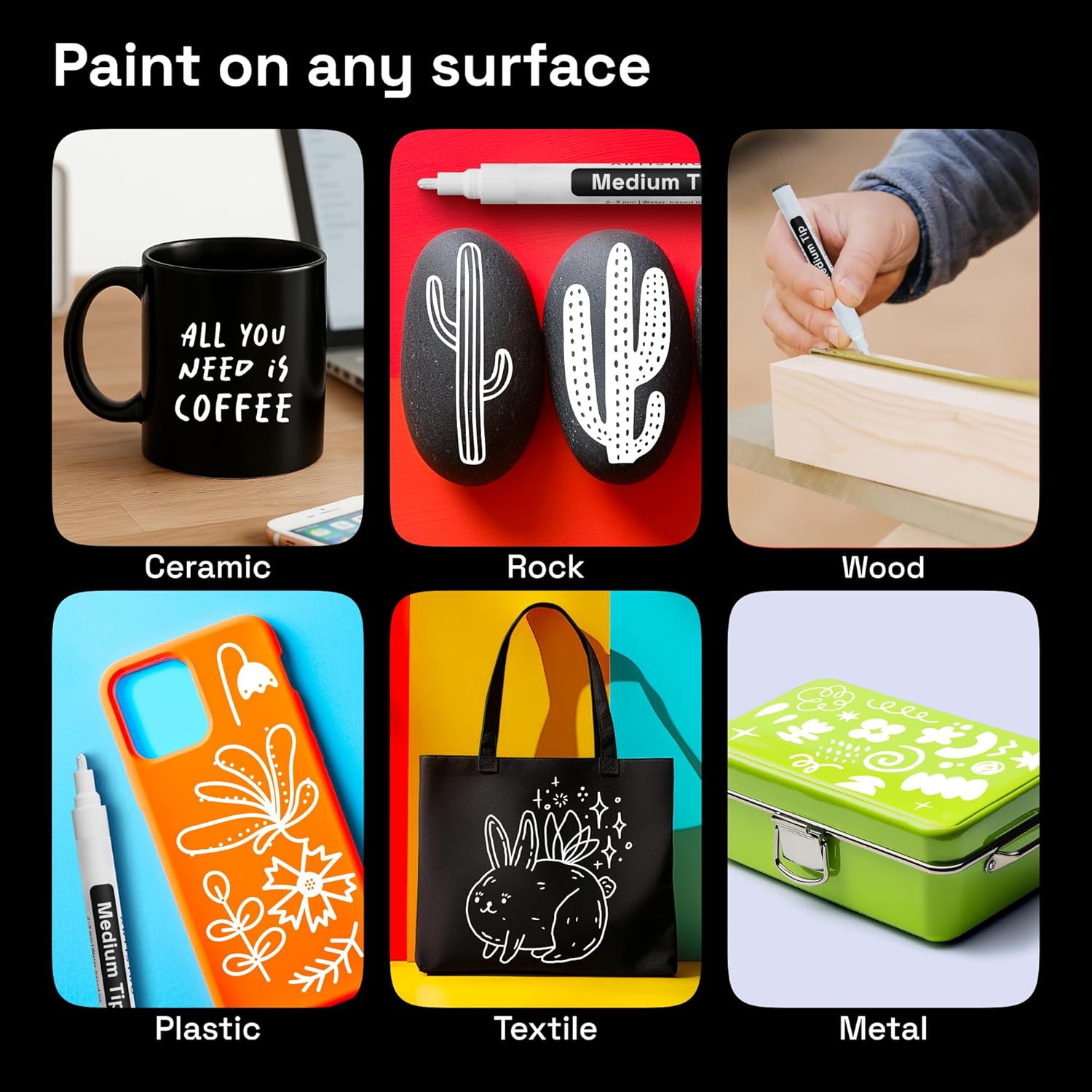 ARTISTRO 5 Oil-Based Permanent Paint Markers - Medium Tip Markers for Tire, Wood, Rock, Fabric, Glass, Ceramic, Metal, Plastic, and More - Quick Dry, Waterproof, White