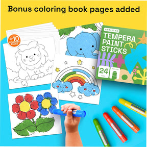 ARTISTRO 100% Washable Tempera Paint Sticks for Kids - 24 Non-toxic Paint Markers for Kids - Color Sticks with Twist Design, Coloring Pages Included
