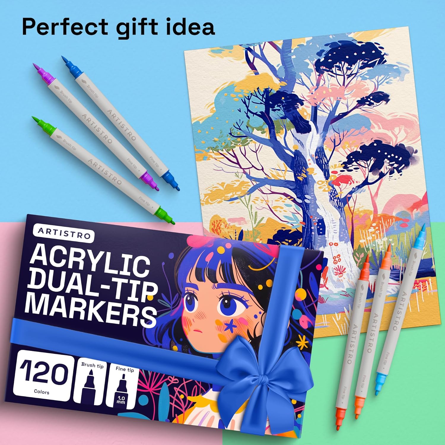 ARTISTRO 120 Acrylic Paint Markers - Paint Pens Dual Tip Brush + Fine Ideal for Calligraphy - Perfect for Fabric, Rock, Glass, Wood, DIY - Art Supplies, Stocking Stuffers, Christmas Gift Idea