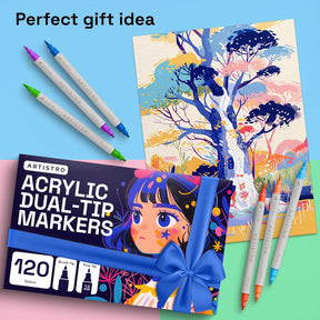 ARTISTRO 120 Acrylic Paint Markers - Paint Pens Dual Tip Brush + Fine Ideal for Calligraphy - Perfect for Fabric, Rock, Glass, Wood, DIY - Art Supplies, Stocking Stuffers, Christmas Gift Idea