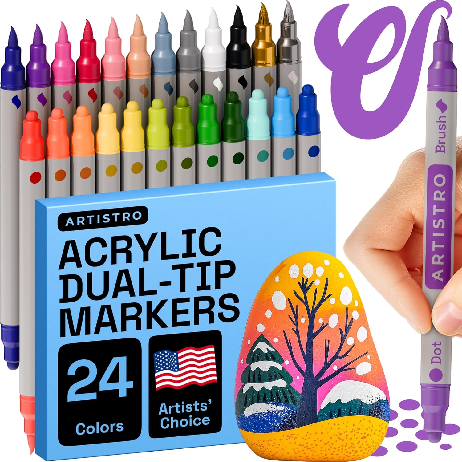 ARTISTRO 24 Acrylic Paint Markers for Fabric, Rocks, Paper, Wood, Canvas, Glass, DIY - Safe for Kids Dual Tip Acrylic Paint Pens (Dual Tip Dot + Brush, 24)