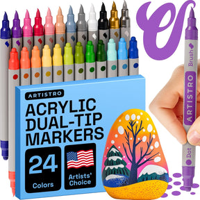 ARTISTRO 24 Acrylic Paint Markers for Fabric, Rocks, Paper, Wood, Canvas, Glass, DIY - Safe for Kids Dual Tip Acrylic Paint Pens (Dual Tip Dot + Brush, 24)