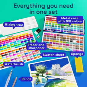 ARTISTRO 168 Watercolor Paint Set, Sunrise Set, Palette & Brushes