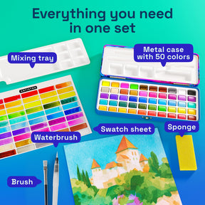 ARTISTRO 50 Watercolor Paint Set, Sunrise Set, Palette & Brushes