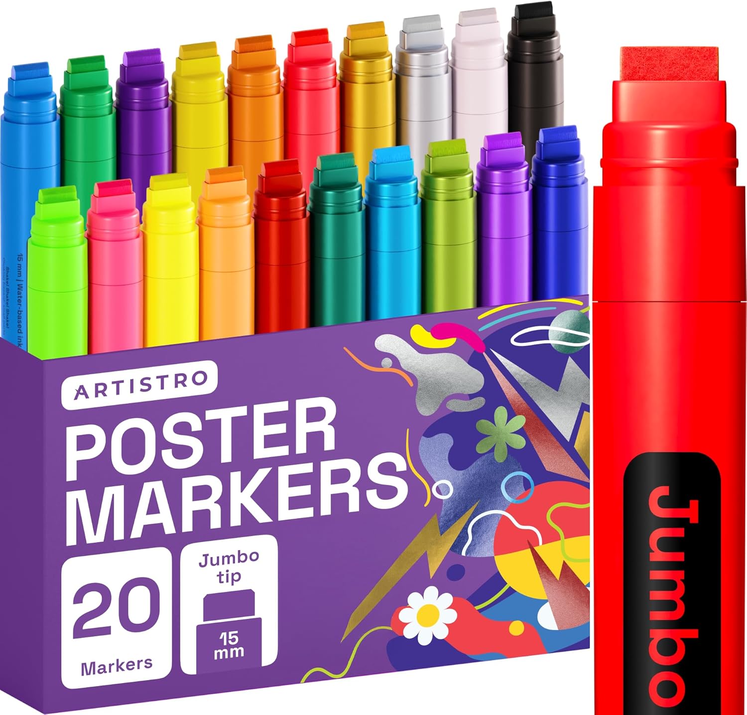 ARTISTRO 20 Poster Markers Jumbo Set Acrylic Markers with 15mm Wide Jumbo Tip for Murals Tagging Posters - Large for Rock Wood Plastic Leather Metal Fabric Ceramic