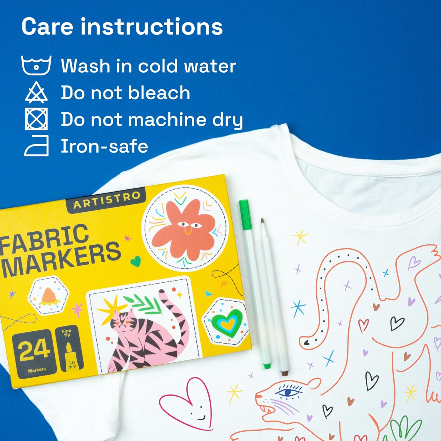 ARTISTRO 24 Fabric Markers - Fine Tip Fabric Markers Permanent for Clothes - No Bleed Pens for T-Shirts, Bags, Textile, Canvas, and more