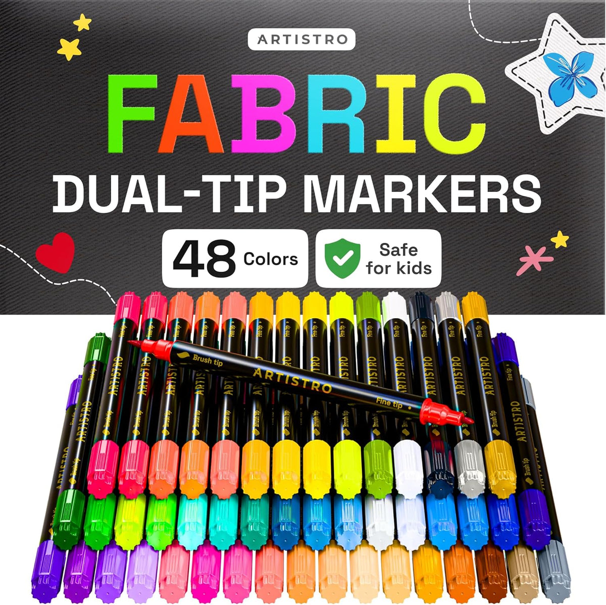 ARTISTRO 48 Dual-Tip Fabric Markers - Fabric Decorating Kit - Permanent for Clothes - Acrylic Paint Pens for Sneakers, Bags, Shoes, Textile, Canvas, Sewing, Craft, DIY - Brush and Fine Tip