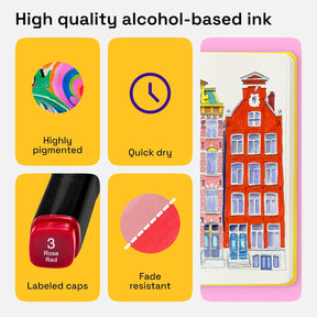 Alcohol Dual Tip Markers Set of 120 with No Bleed Ink, Bonus Case and Vibrant Fade-Resistant Colors, Art Supplies for Sketching, Manga, Drawing, Adult Coloring Books, Card Making (Fine & Chisel)