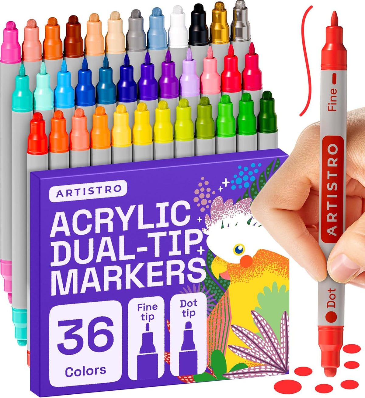 ARTISTRO 36 Acrylic Paint Markers for Rock, Fabric, Wood, Glass, Eggs - Dual-Tip Paint Pens for Coloring Books for Adults, Teens, Kids - Art & Craft Supplies - Gift Idea - Easter Basket Stuffers
