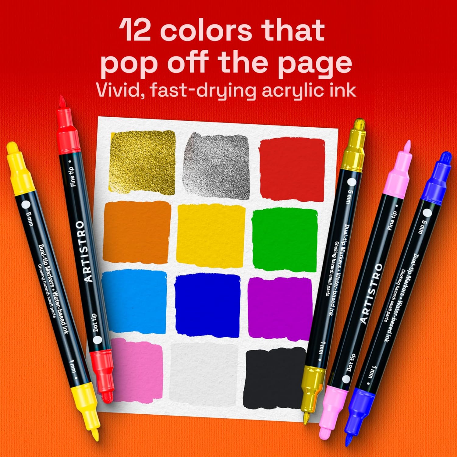 ARTISTRO 12 Acrylic Paint Markers for Rock, Fabric, Wood, Glass, Eggs - Dual-Tip Paint Pens for Coloring Books for Adults, Teens, Kids - Art & Craft Supplies - Gift Idea - Easter Basket Stuffers