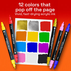 ARTISTRO 12 Acrylic Paint Markers for Rock, Fabric, Wood, Glass, Eggs - Dual-Tip Paint Pens for Coloring Books for Adults, Teens, Kids - Art & Craft Supplies - Gift Idea - Easter Basket Stuffers