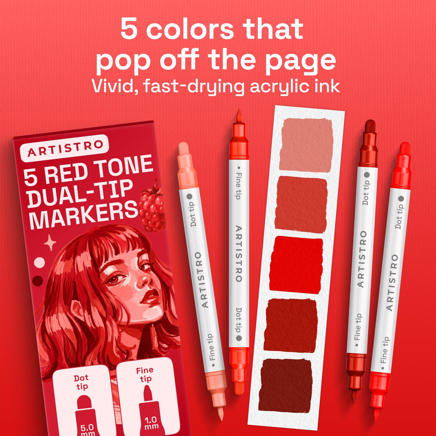 ARTISTRO Red Tones Dual-Tip Acrylic Paint Marker Pens - Set of 5