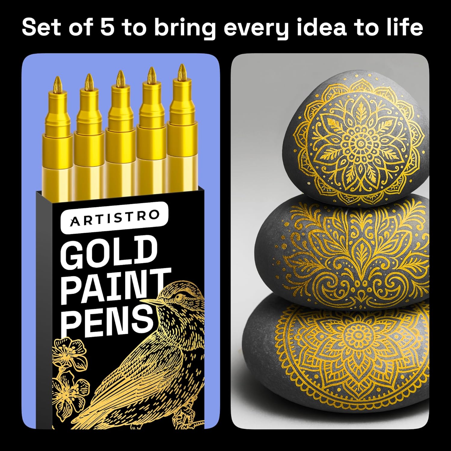 ARTISTRO 5 Gold Paint Pen for Glass Marking, Rock Painting, Ceramic, Wood, Tire, Fabric, Metal, Canvas - Set of 5 Acrylic Paint Markers Water-based - Extra-fine Tip