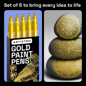 ARTISTRO 5 Gold Paint Pen for Glass Marking, Rock Painting, Ceramic, Wood, Tire, Fabric, Metal, Canvas - Set of 5 Acrylic Paint Markers Water-based - Extra-fine Tip