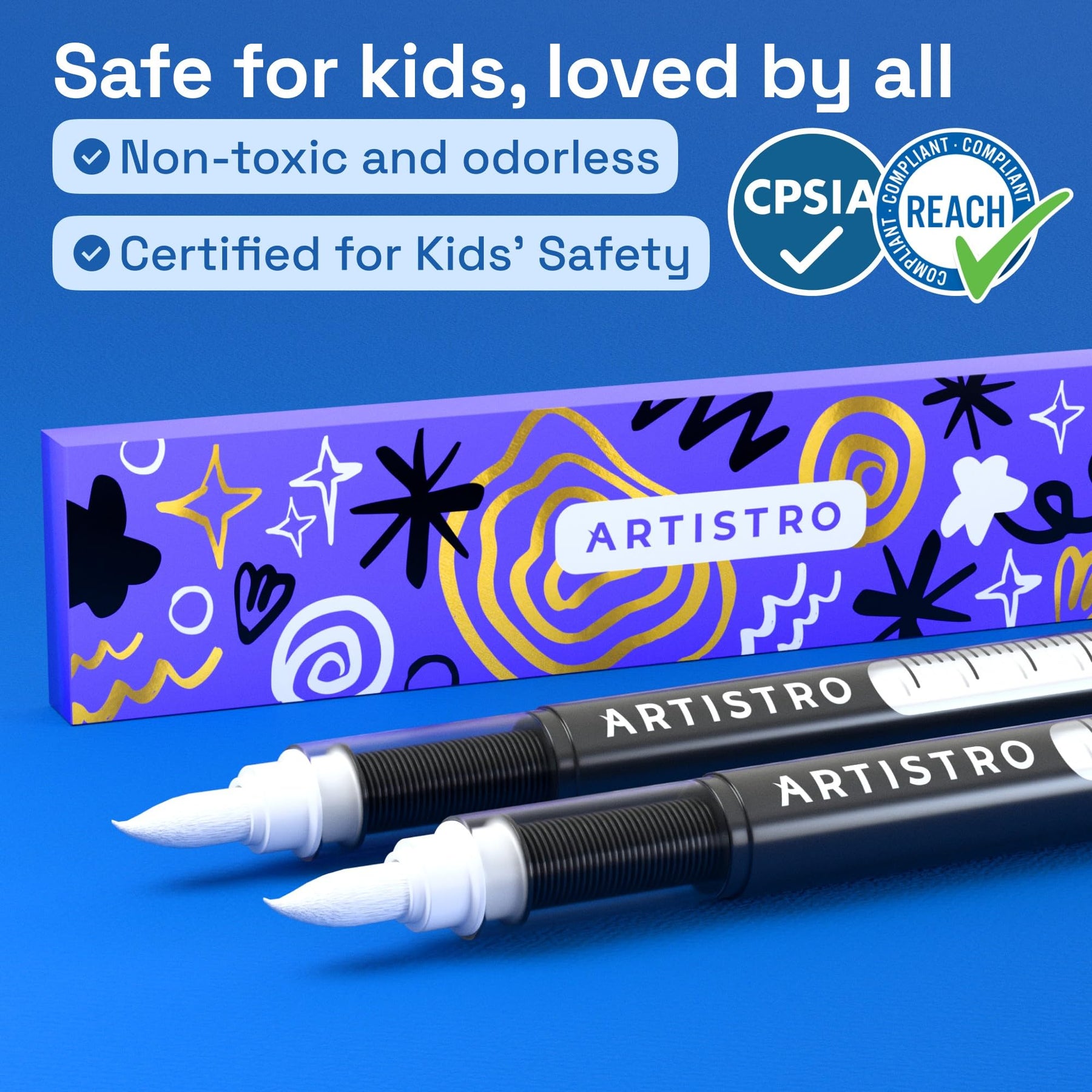 ARTISTRO 2 White Acrylic Paint Markers - Brush Tip Paint Pens with Automatic Ink Control System for Rock, Egg, Wood, Fab