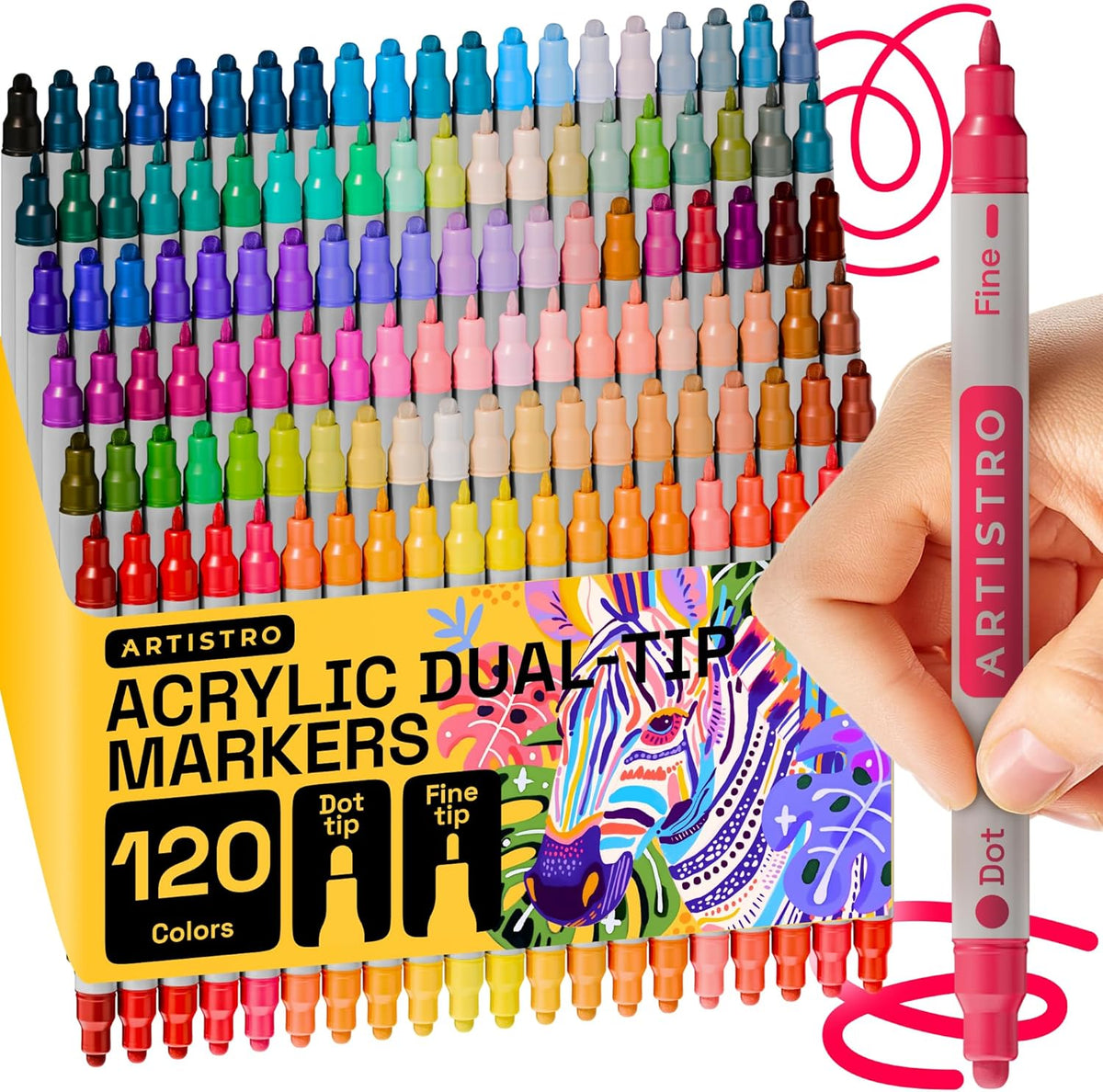 ARTISTRO 120 Acrylic Paint Markers for Rock, Fabric, Wood, Glass, Craft, Decoration - Dual-Tip Paint Pens - Stocking Stuffers, Christmas Gift Idea for Teens, Grandkids, Kids - Art Supplies