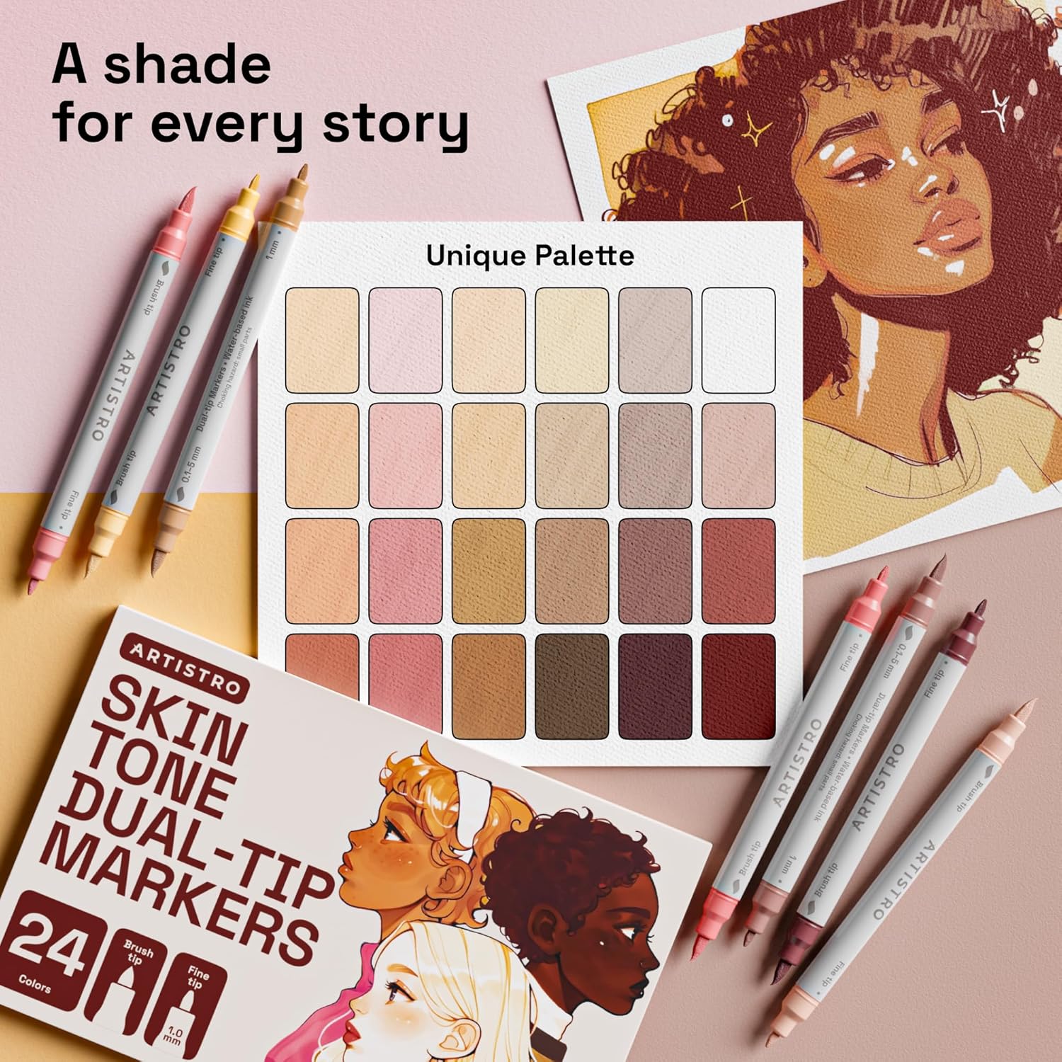 ARTISTRO 24 Skin Tone Acrylic Paint Markers - Paint Pens Dual Tip Brush + Fine Ideal for Calligraphy - Perfect for Fabric, Rock, Glass, Wood, DIY - Art Supplies, Stocking Stuffers, Christmas Gift Idea