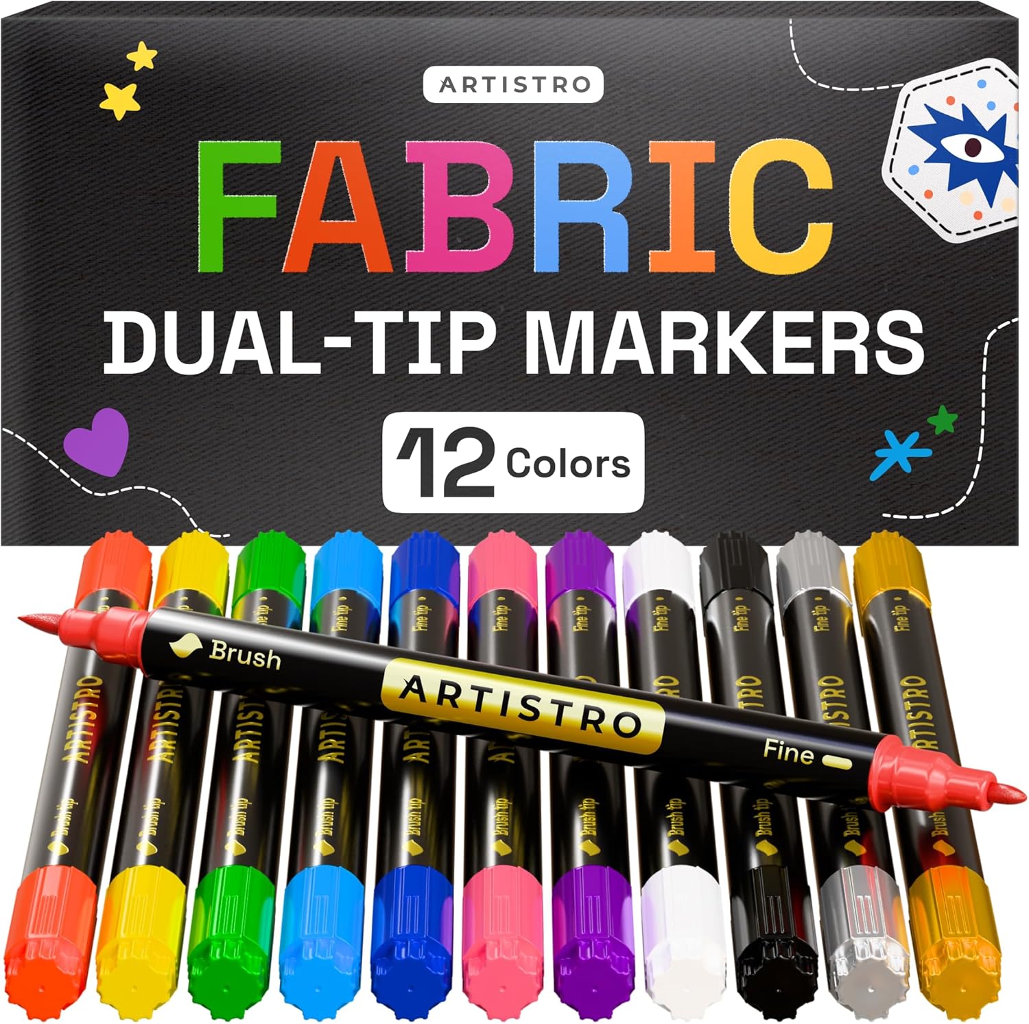 ARTISTRO 24 Dual-Tip Fabric Markers - Fabric Decorating Kit - Permanent for Clothes - Acrylic Paint Pens for Sneakers, Bags, Shoes, Textile, Canvas, Sewing, Craft, DIY - Brush and Fine Tip