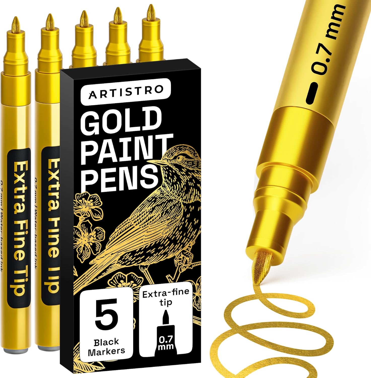 ARTISTRO 5 Gold Paint Pen for Glass Marking, Rock Painting, Ceramic, Wood, Tire, Fabric, Metal, Canvas - Set of 5 Acrylic Paint Markers Water-based - Extra-fine Tip