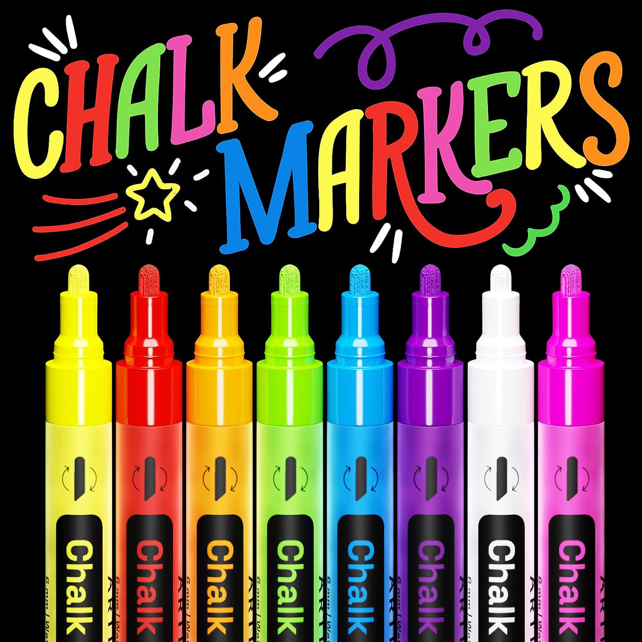 8 Neon Chalk Markers - Erasable Chalk Pens with 6mm Reversible Tip