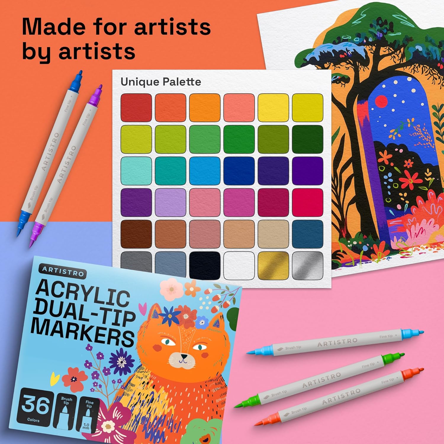 ARTISTRO 36 Acrylic Paint Markers - Paint Pens for Drawing, Brush + Fine Tips - For Fabric, Rock, Glass, Wood, DIY, Eggs - Art and Craft Supplies for Adults, Teens, Kids - Easter Basket Stuffers