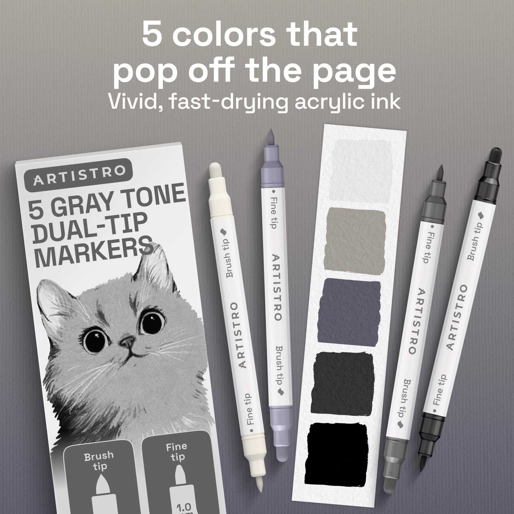 ARTISTRO 5 Grey Tones Dual-Tip Acrylic Paint Marker Pens