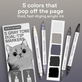ARTISTRO 5 Grey Tones Dual-Tip Acrylic Paint Marker Pens