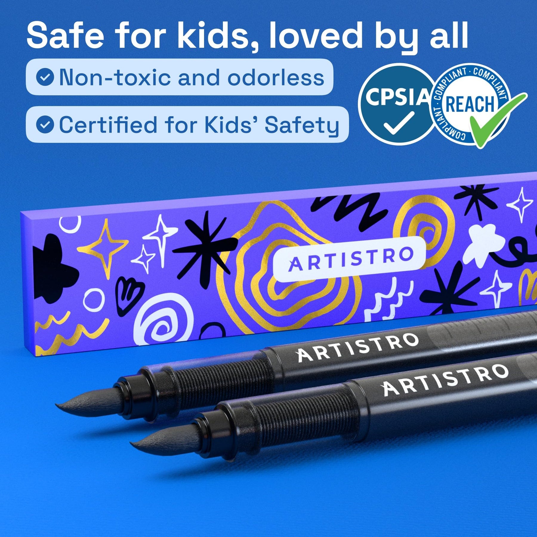 ARTISTRO 2 Black Acrylic Paint Markers - Brush Tip Paint Pens with Automatic Ink Control System for Rock, Egg, Wood, Fab