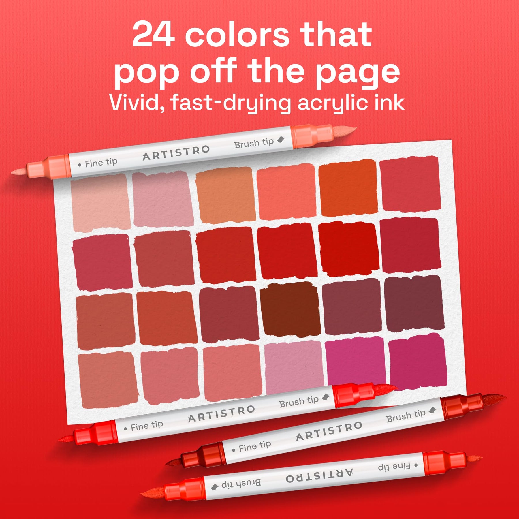 ARTISTRO 24 Red Tones Dual-Tip Acrylic Paint Marker Pens for Drawing