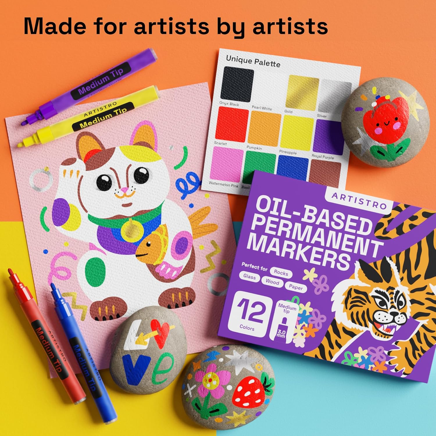 ARTISTRO 12 Oil-Based Permanent Paint Markers - Medium Tip Markers for Tire, Wood, Rock, Fabric, Glass, Ceramic, Metal, Plastic, and More - Quick Dry, Waterproof