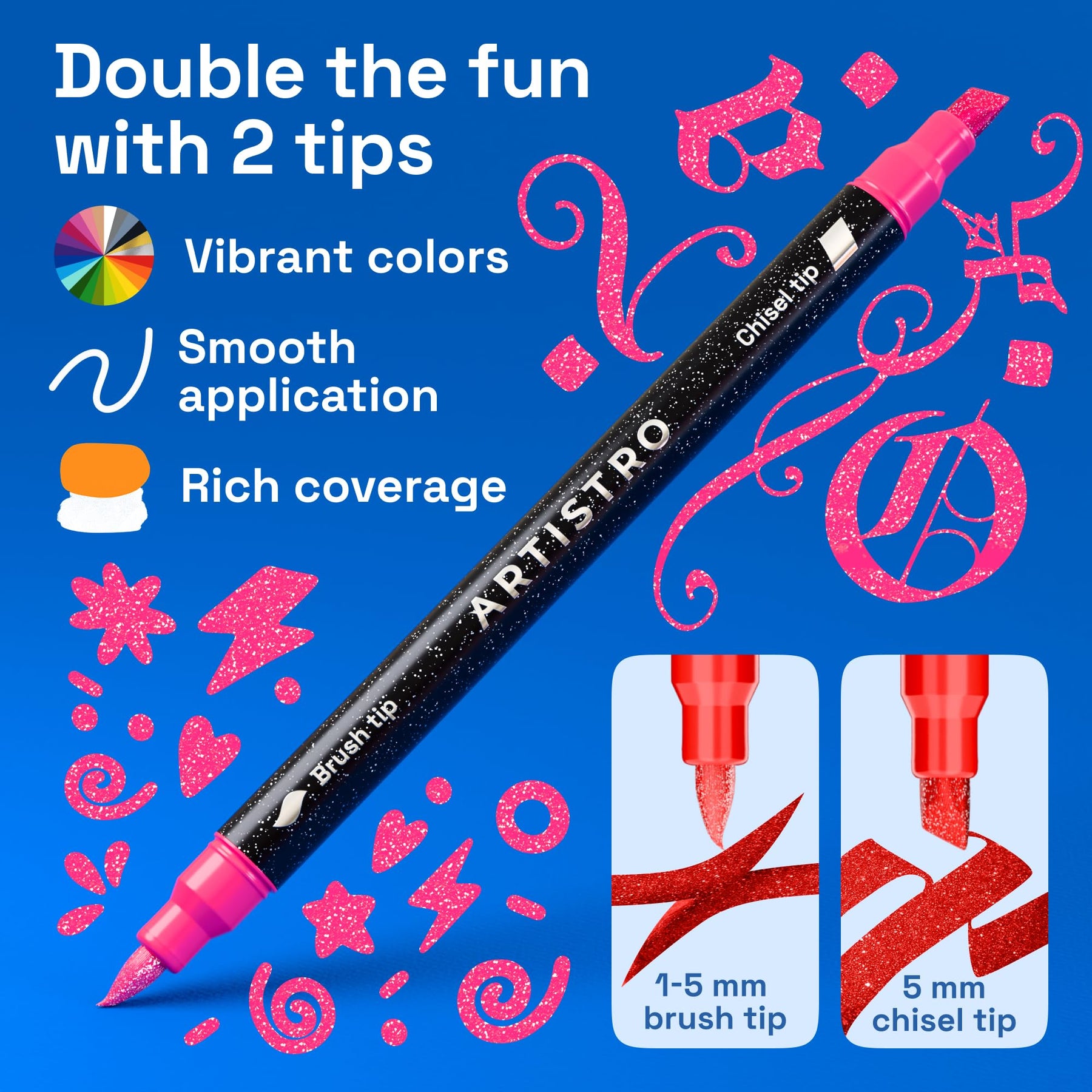 ARTISTRO 24 Sparkly Glitter Dual-Tip Paint Pens – Dazzling Markers with Acrylic Ink for Rock, Ceramic, Wood, Fabric, & M