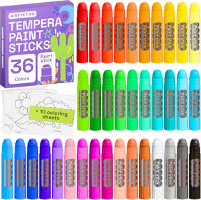 ARTISTRO 100% Washable Tempera Paint Sticks for Kids - 36 Non-toxic Paint Markers for Kids - Color Sticks with Twist Design, Coloring Pages Included