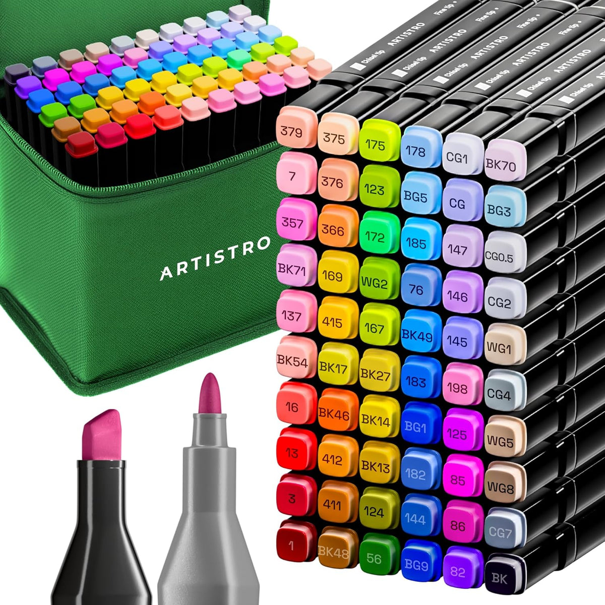 Alcohol Dual Tip Markers Set of 60 with No Bleed Ink, Bonus Case and Vibrant Fade-Resistant Colors, Art Supplies for Sketching, Manga, Drawing, Adult Coloring Books, Card Making (Fine & Chisel)