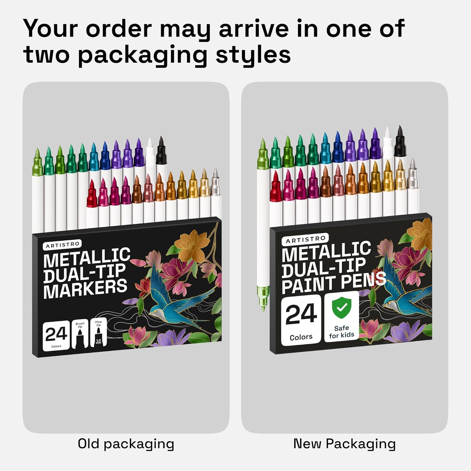 ARTISTRO 24 Metallic Acrylic Paint Markers - Paint Pens for Drawing, Brush + Fine Tips - For Fabric, Rock, Glass, Wood, DIY - Art & Craft Supplies for Adults, Teens, Kids - Teacher Appreciation Gift