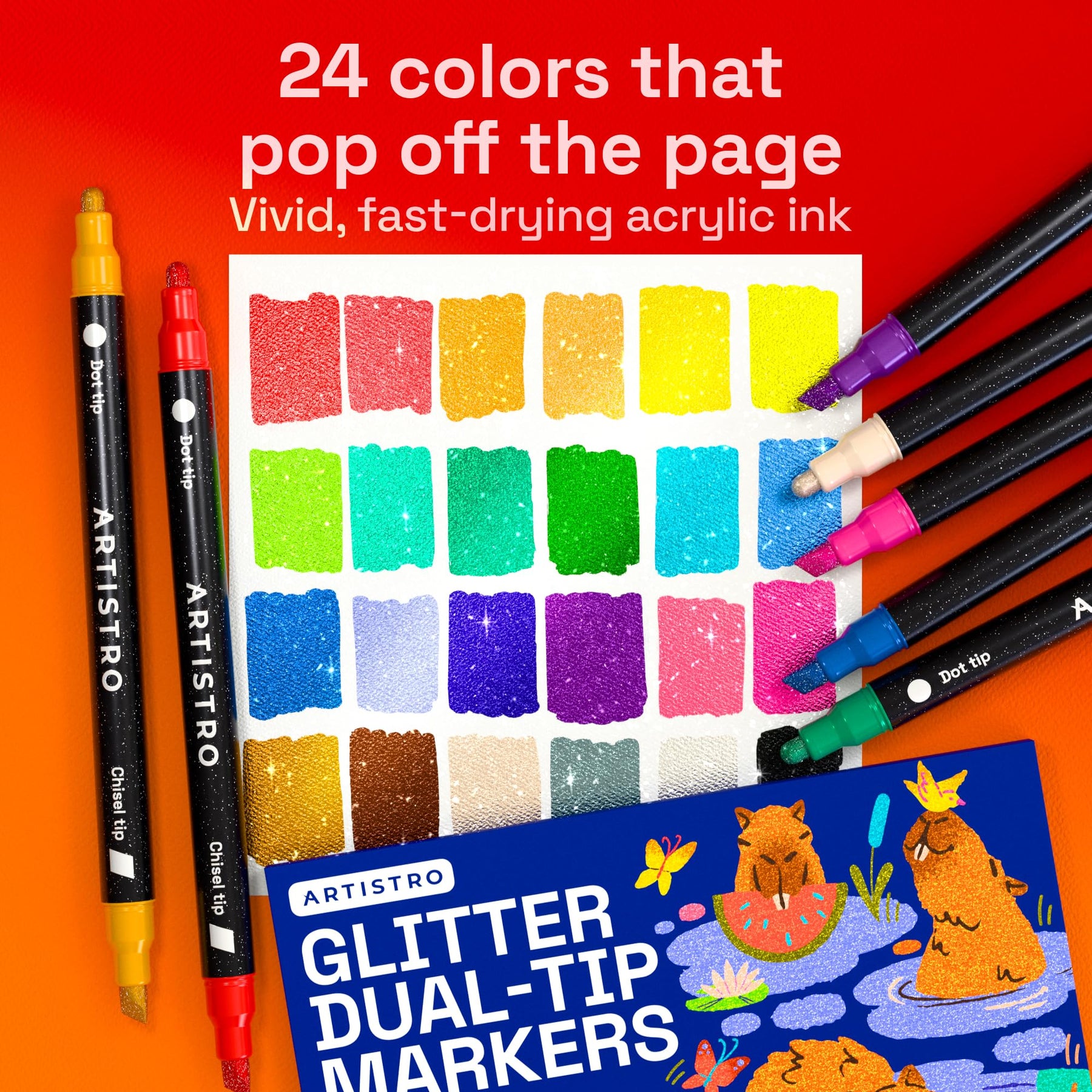 ARTISTRO 24 Shimmering Glitter Dual-Tip Paint Pens – Sparkly Markers with Acrylic Ink for Rock, Ceramic, Wood, Fabric, &