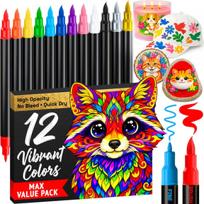 ARTISTRO 12 Acrylic Paint Markers - Paint Pens for Drawing, Brush + Fine Tips - For Fabric, Rock, Glass, Wood, DIY, Eggs - Art & Craft Supplies for Adults, Teens, Kids - Easter Basket Stuffers
