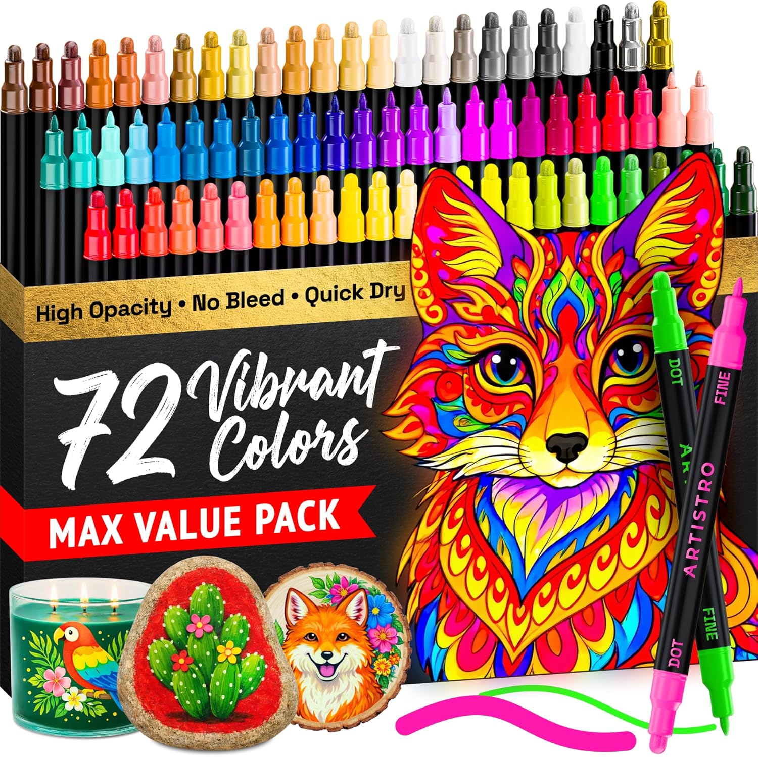 ARTISTRO 72 Acrylic Paint Markers for Rock, Fabric, Wood, Glass, Eggs - Dual-Tip Paint Pens for Coloring Books for Adults, Teens, Kids - Art & Craft Supplies - Gift Idea - Easter Basket Stuffers