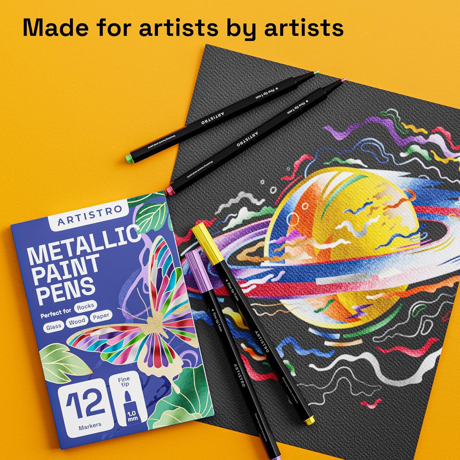 ARTISTRO 24 Metallic Acrylic Paint Markers - Fine Tip Paint Pens for Rock, Wood, Glass, Ceramic, Black Paper, Scrapbooking Crafts, Card Making, DIY Photo Album, Ceramic