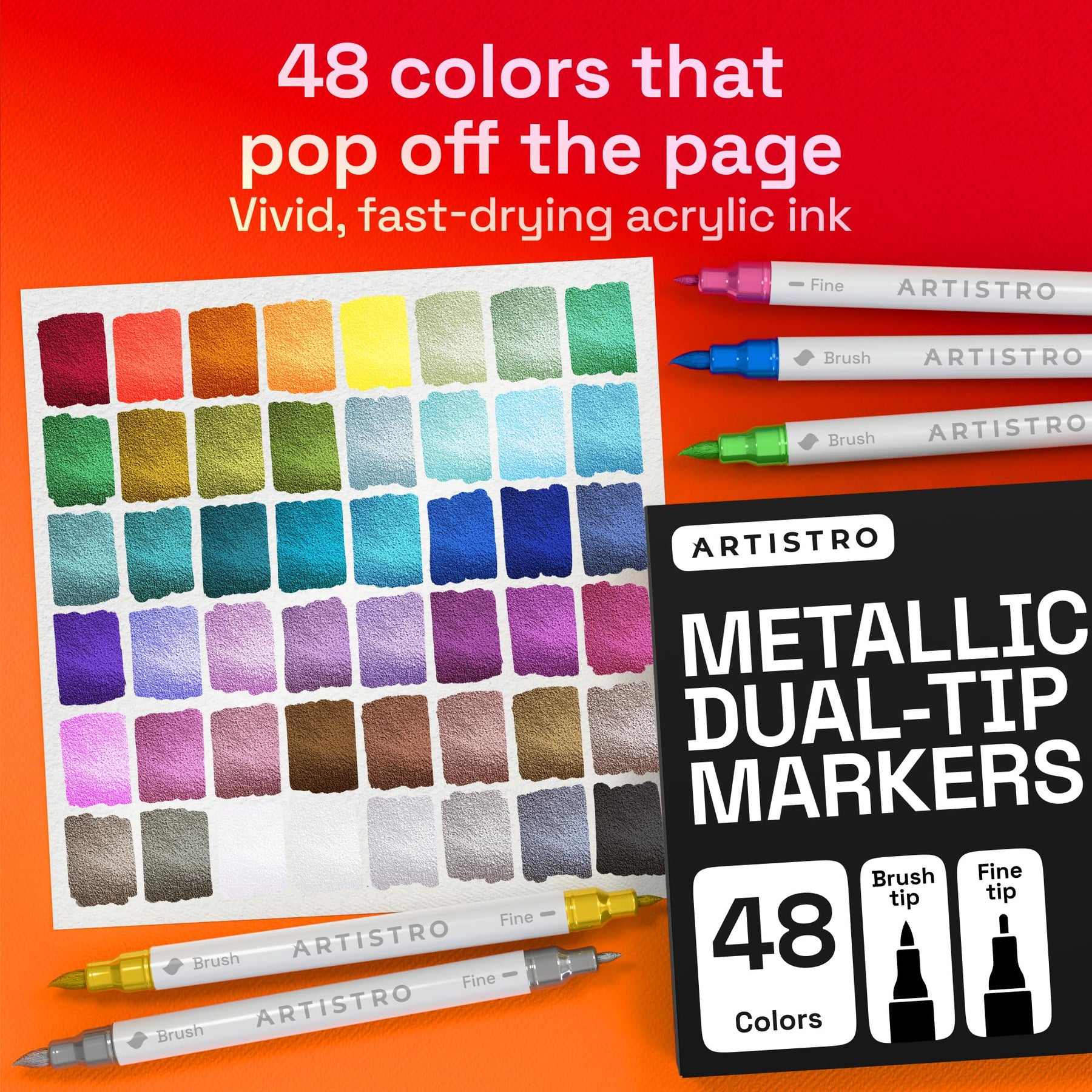 ARTISTRO 48 Metallic Dual-Tip Acrylic Paint Marker Pens for Drawing