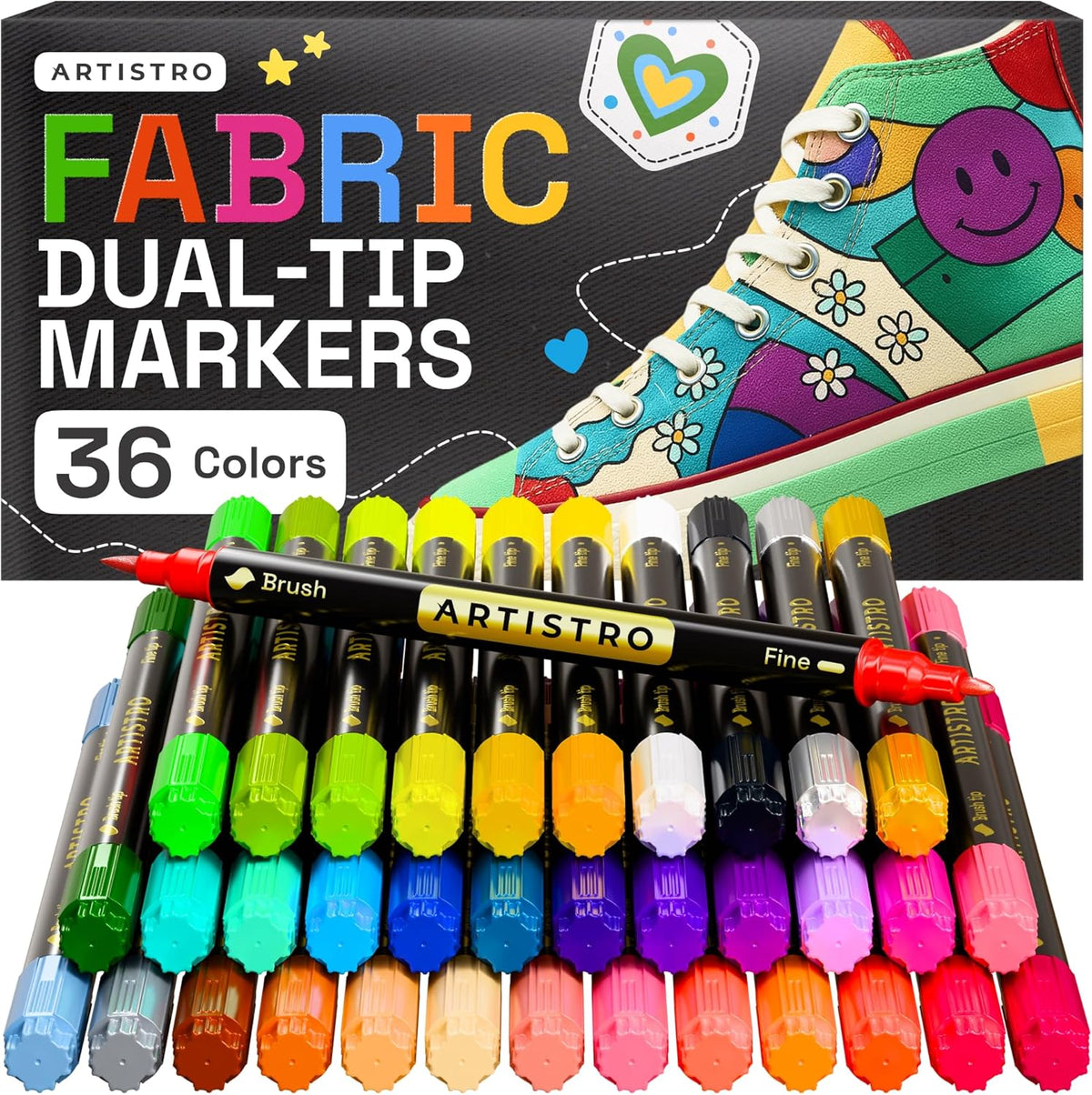 ARTISTRO 36 Dual-Tip Fabric Markers - Fabric Decorating Kit - Permanent for Clothes - Acrylic Paint Pens for Sneakers, Bags, Shoes, Textile, Canvas, Sewing, Craft, DIY - Brush and Fine Tip