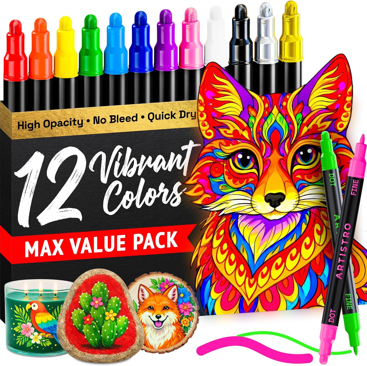 ARTISTRO 12 Acrylic Paint Markers for Rock, Fabric, Wood, Glass, Eggs - Dual-Tip Paint Pens for Coloring Books for Adults, Teens, Kids - Art & Craft Supplies - Gift Idea - Easter Basket Stuffers