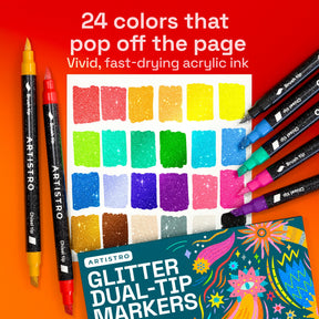 ARTISTRO 24 Sparkly Glitter Dual-Tip Paint Pens – Dazzling Markers with Acrylic Ink for Rock, Ceramic, Wood, Fabric, & M