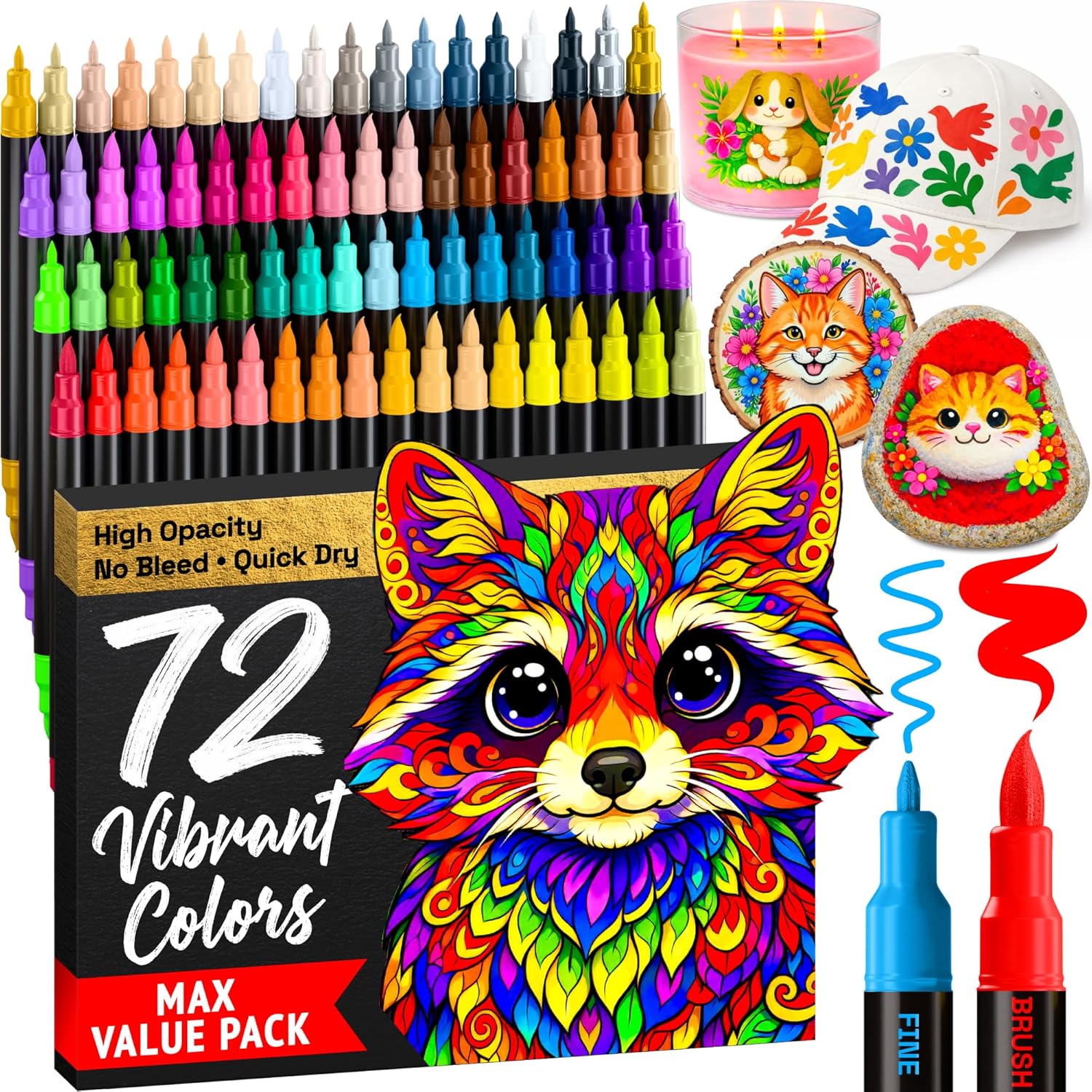 ARTISTRO 72 Acrylic Paint Markers - Paint Pens for Drawing, Brush + Fine Tips - For Fabric, Rock, Glass, Wood, DIY, Eggs - Art & Craft Supplies for Adults, Teens, Kids - Easter Basket Stuffers
